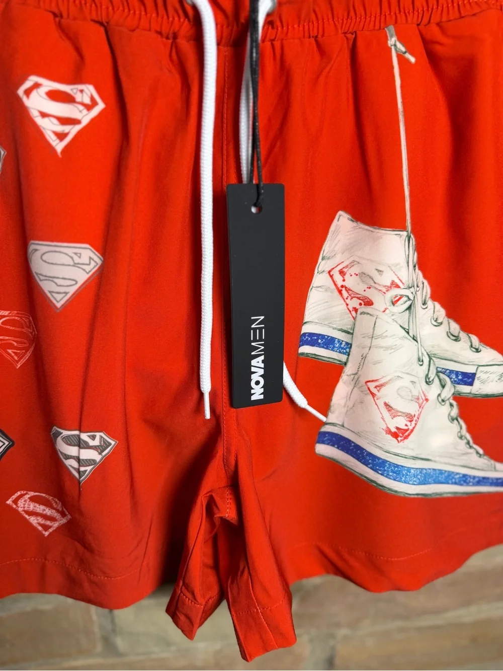 New Superman Swim Shorts with Graphic Sneaker Print. Fashion Nova Sz Sm
